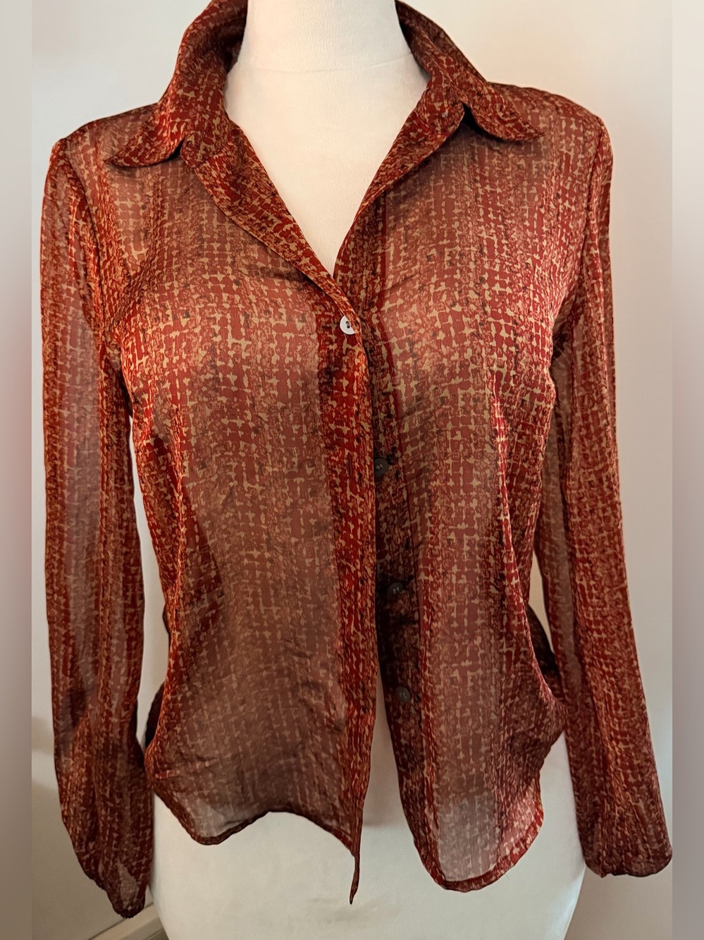 New York & Company Sheer Y2K Boho Abstract Blouse M Earthy Tones